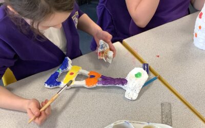 Painting our Juan Miro sculptures using lines, shapes and primary/secondary colours